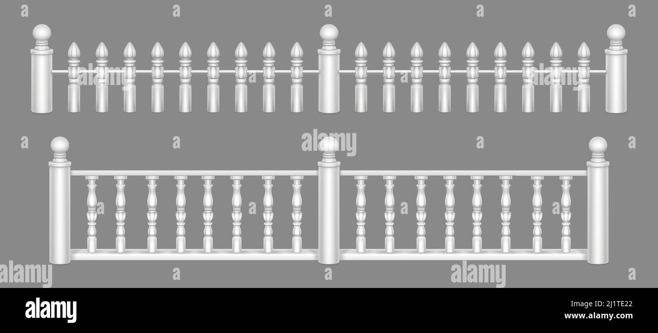 Marmorgeländer, weiße Balkongeländer oder Handläufe. Geländer oder Einzäunungen mit dekorativen Säulen. Platten Baluster für Architektur-Design Stock Vektor