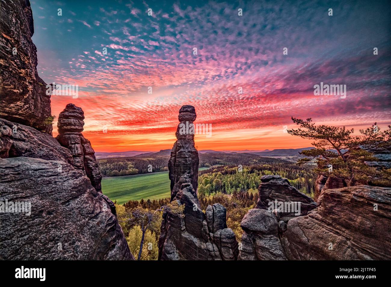 Landschaft mit Felsformationen und dem Gipfel Barbarine im Pfaffensteingebiet des Nationalparks Sächsische Schweiz bei Sonnenaufgang. Stockfoto