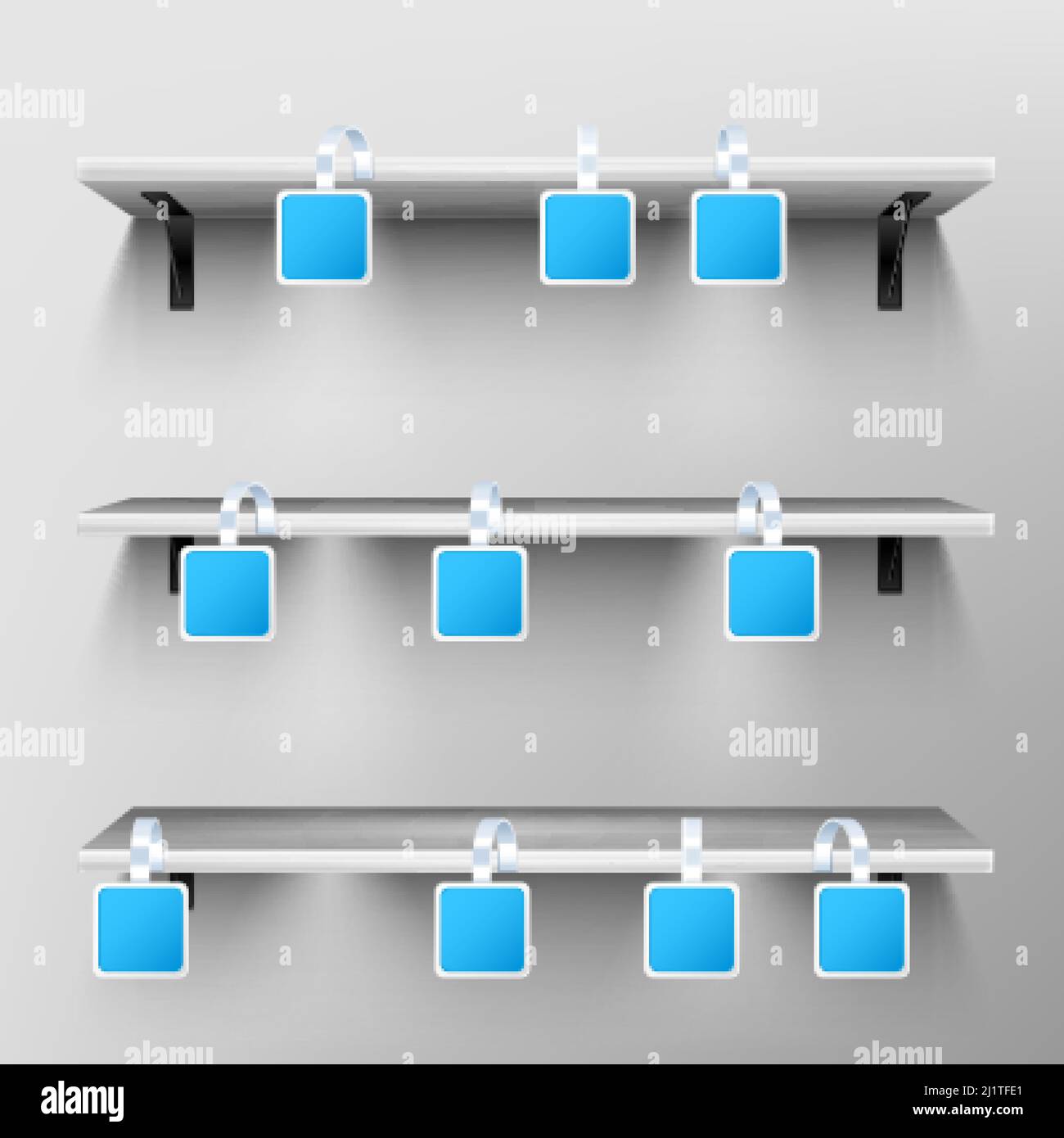 Wobbler auf Holzregalen. Leere Preisschilder hängen auf dem Rack auf grauem Wandhintergrund. Quadratische blaue Papier Aufkleber auf Kunststoff-oder Metallstreifen Nachbau. clea Stock Vektor