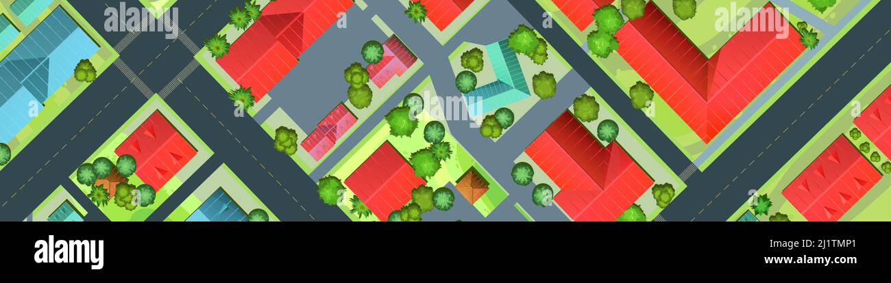 Straßen der Stadt. Draufsicht von oben. Kleines Stadthaus und Straße. Horizontales Hintergrundbild. Karte mit Straßen, Bäumen und Gebäuden. Modernes Auto. Zeichentrickfilm Stock Vektor