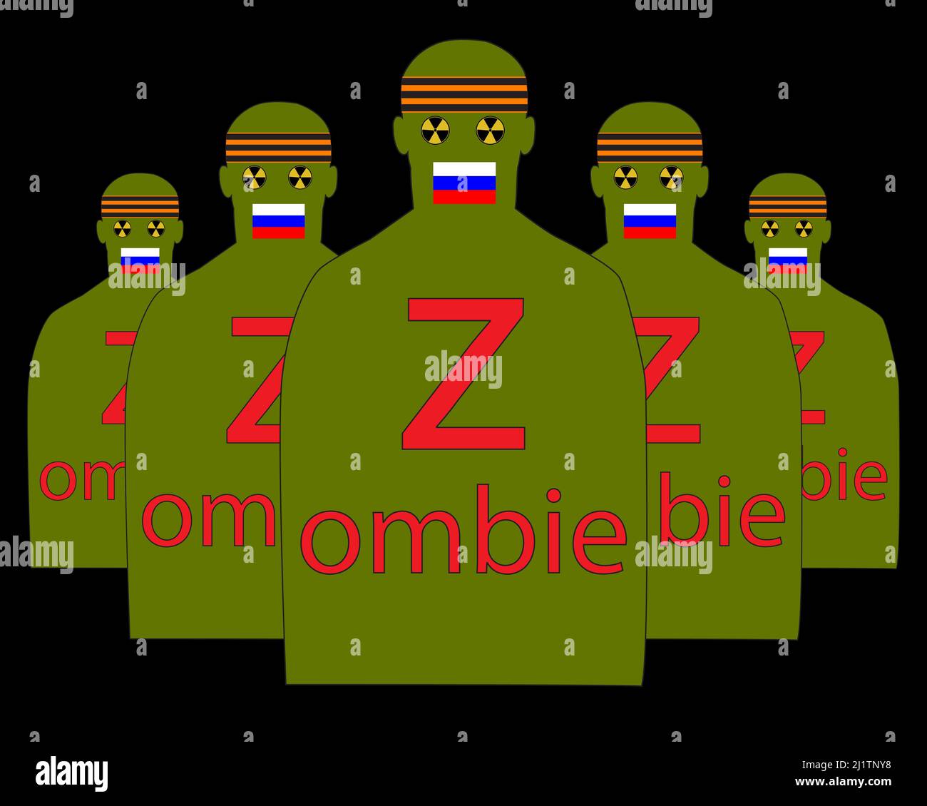 Silhouetten russischer Soldaten vor ihren Augen, nukleare Abzeichen auf ihren Köpfen, ein Band des heiligen Georg und eine russische Flagge, die ihren Mund bedeckt. Stock Vektor