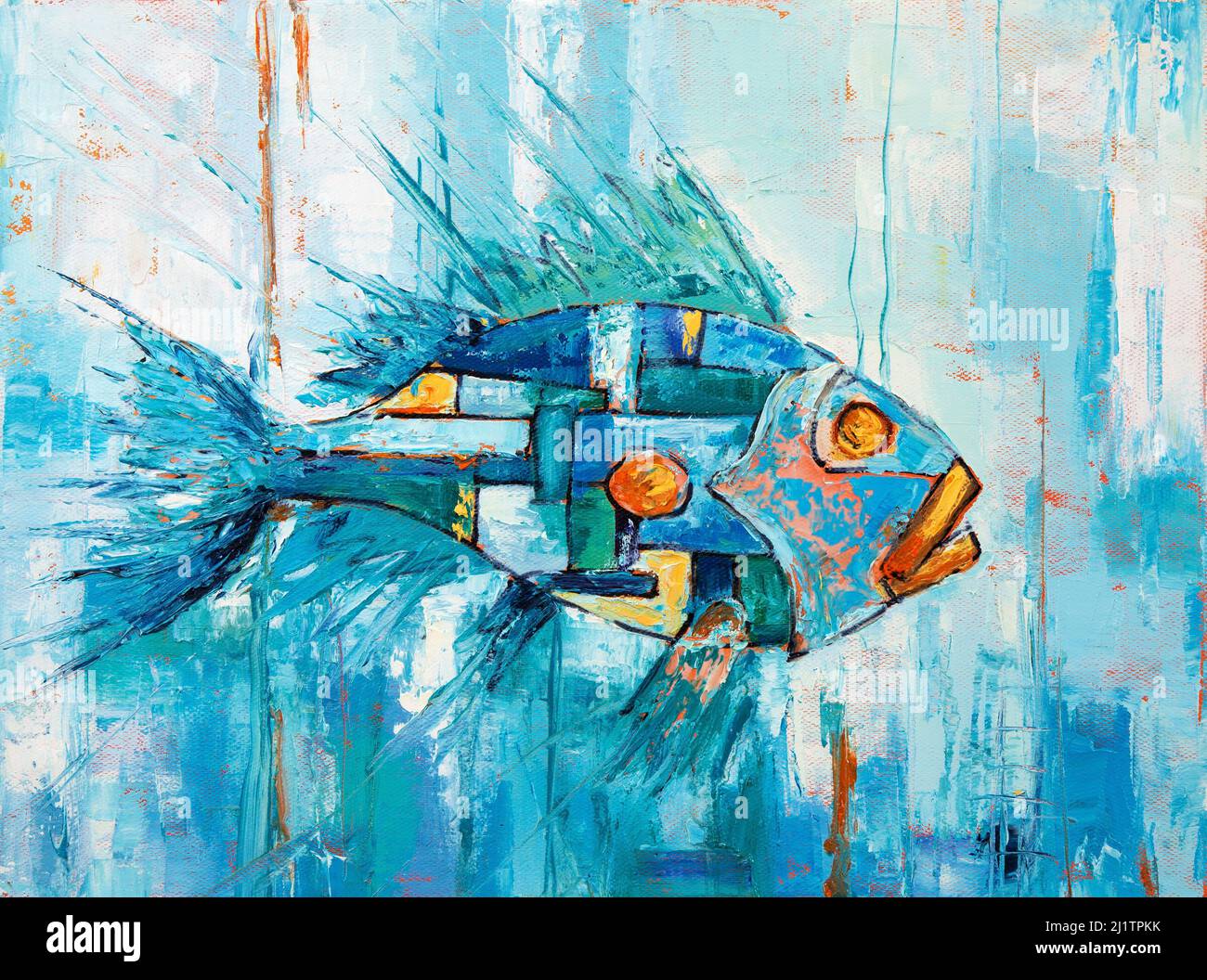 Original Ölgemälde mit abstrakten Fischen auf Leinwand. Moderner Impressionismus, Moderne, Marinismus Stockfoto