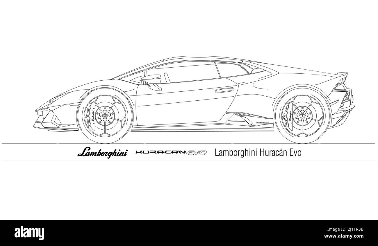 Italien, Jahr 2022, Lamborghini Huracan Evo Silhouette skizziert, Illustration Stockfoto