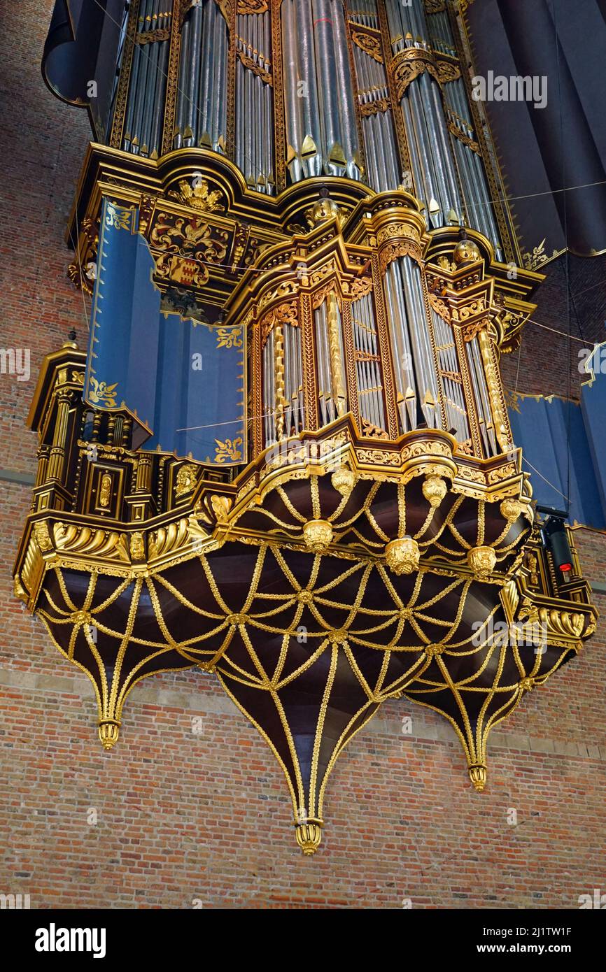 Thomas Hill Orgel. 1990 von der Pieterskerk in Leiden, Niederlande, gekauft. Diese spezielle Orgel wurde von einer englischen Kirche gekauft, St. Johns Brownwood Park in London. Die Pieterskerk, eine spätgotische niederländische evangelische Kirche in Leiden, die dem Heiligen Peter gewidmet ist. Heute bekannt als Kirche der Pilgerväter, wo der Pfarrer John Robinson begraben wurde. Väter der Orgel von church.church. Stockfoto