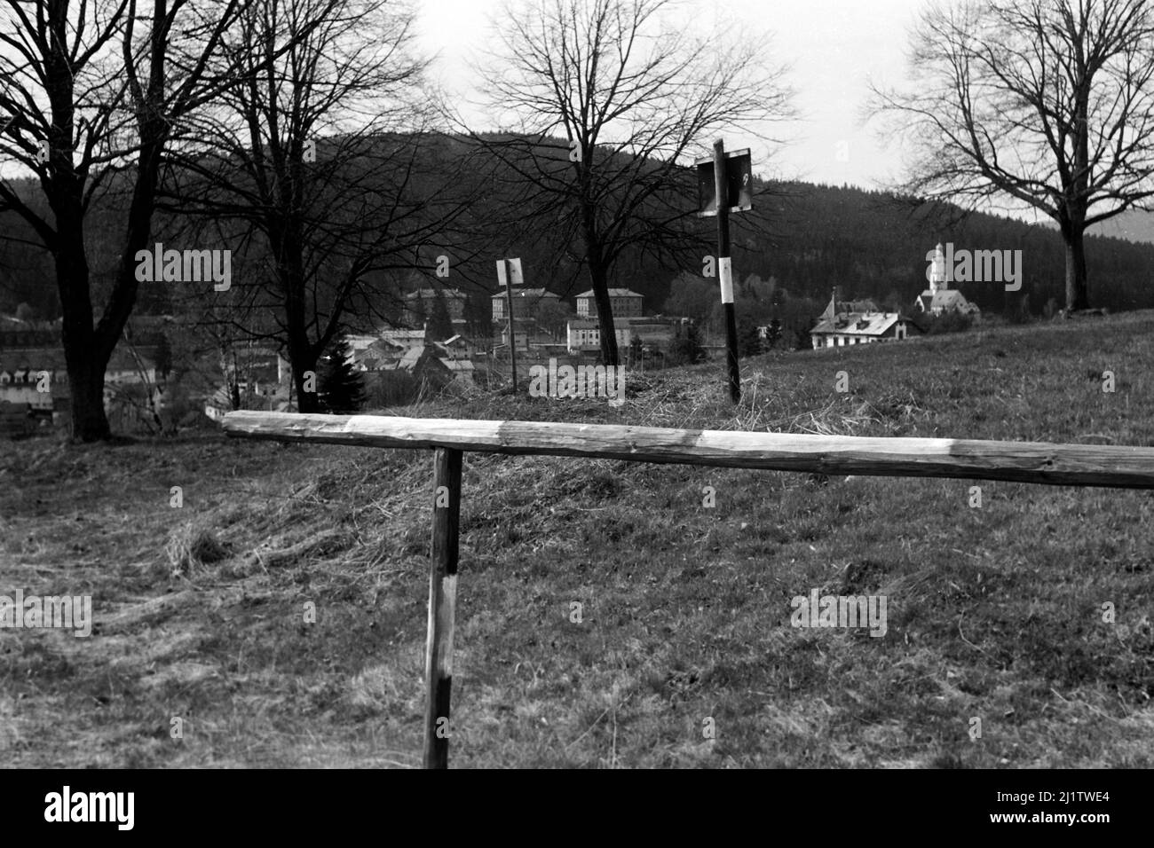 Blick auf den Bayerischen Wald im Zwieseler Umland, 1958. Blick auf den Bayerischen Wald am Stadtrand von Zwiesel, 1958. Stockfoto