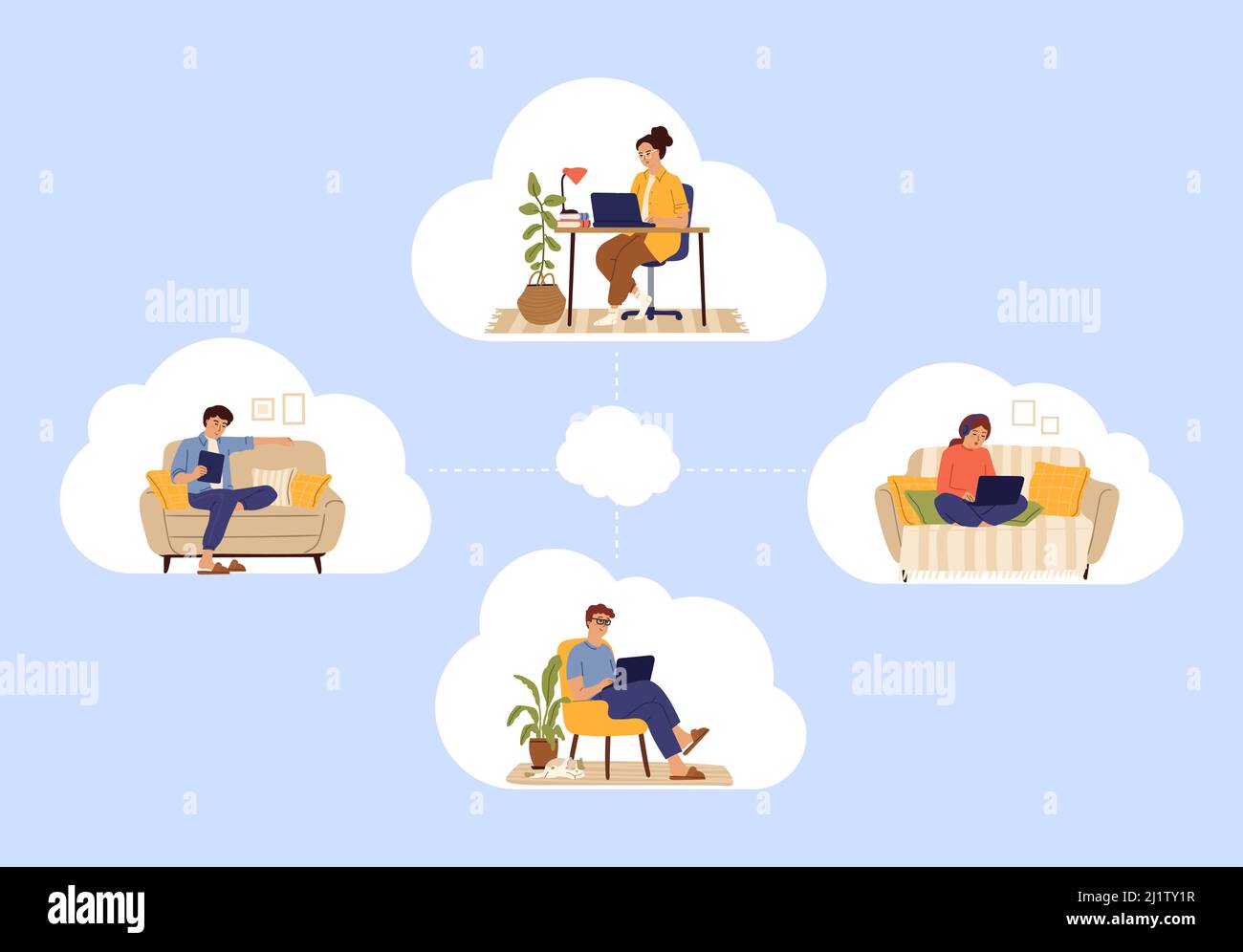 Cloud-Service. Menschen, die von zu Hause aus im Internet arbeiten und chatten. Web-Arbeitsgemeinschaft, freiberuflich. Fernstudium, Schüler lernen mit Gadgets Vektor Stock Vektor