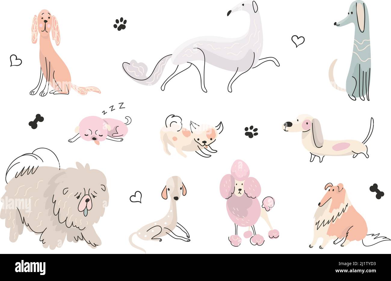 Doodle niedlichen Welpen. Aktive Hundebemalung, Hunde verschiedene Posen. Handgezeichnete Tiere, flache Design-Babytiere. Lustige Welpen spielen, nowaday Vektor-Zeichen Stock Vektor