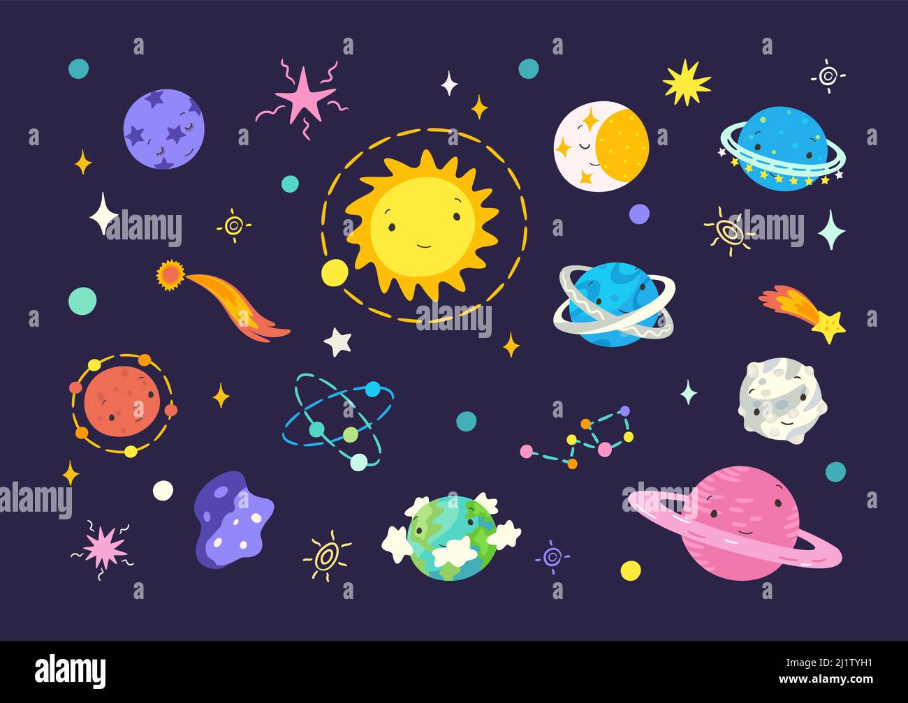 Flaches Cartoon-Universum. Weltraumplaneten und Mond, Sonnensystem und neptun. Bunte Kometen, Sterne, niedliche Kritzeleien kindliche Astrologie nowaday Vektor Stock Vektor