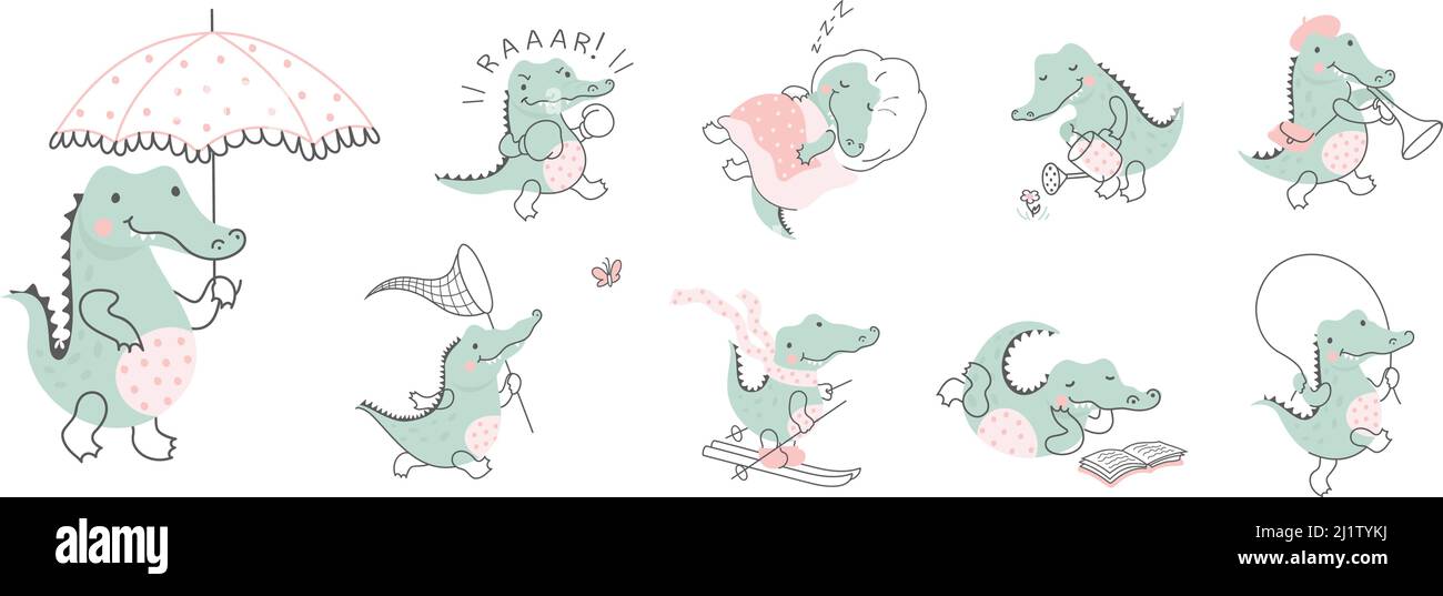 Krokodil. Cartoon niedlichen Krokodile, wild humorvollen Alligator Charakter für Babys. Kunst Tier afrika Dschungel, nowaday lustige Baumschule Grafiken Vektor-Set Stock Vektor