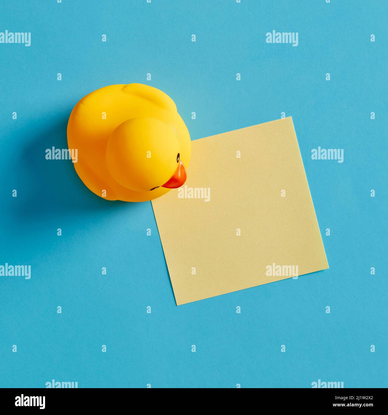 Leeres gelbes Haftnotizpapier mit einem Duck-Spielzeug aus Gummi auf blauem Hintergrund. Stockfoto