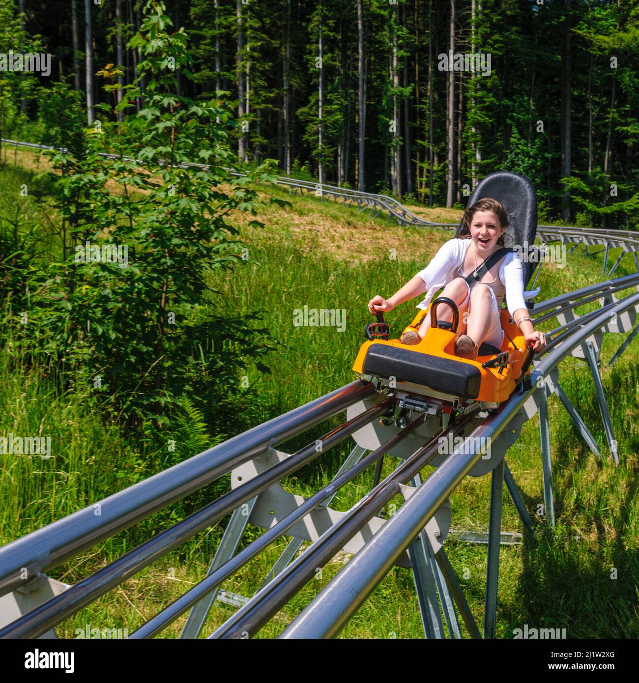 Junger Teenager auf Sommerrodelbahn Stockfoto