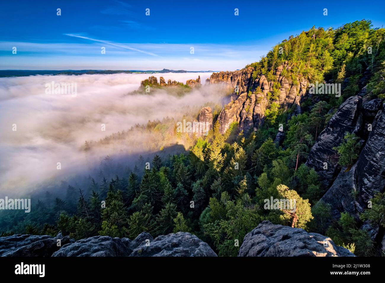 Landschaft mit Felsformationen und dem nebelbedeckten Elbtal im Schrammsteine-Gebiet des Nationalparks Sächsische Schweiz bei Sonnenaufgang. Stockfoto