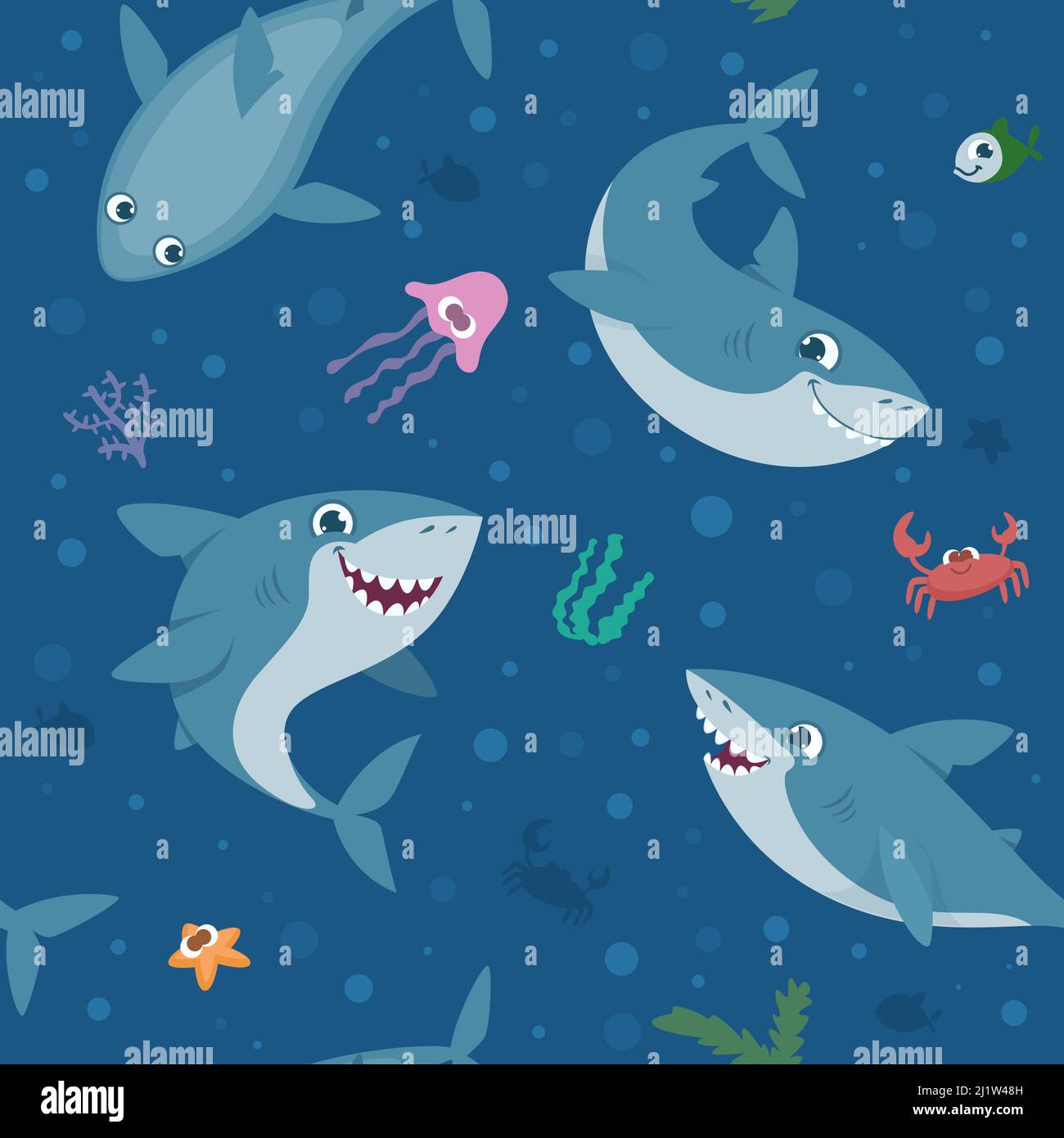Haifischmuster. Wild Cartoon Unterwasser Schwimmen Tiere genauen Vektor nahtlose Hintergrund in Cartoon-Stil Stock Vektor