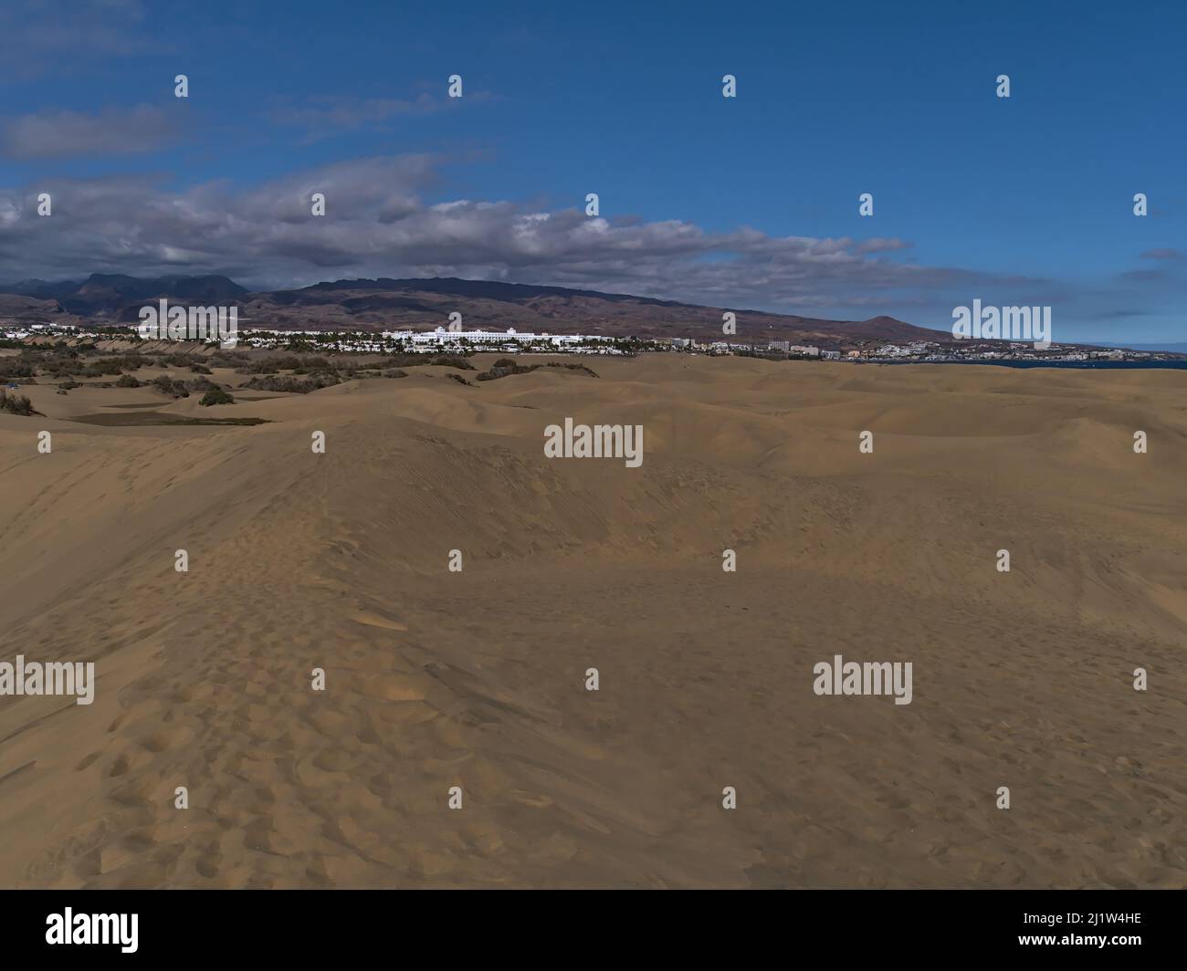 Blick auf das beliebte Naturschutzgebiet Dunas de Maspalomas im Süden der Insel Gran Canaria, Kanarische Inseln, Spanien an der Atlantikküste mit Sanddünen. Stockfoto