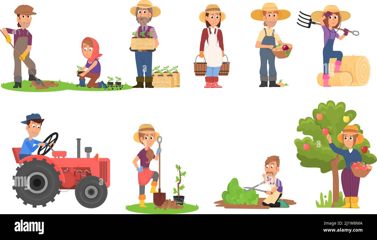 Landwirtschaft Landwirt. Menschen, die Landwirtschaft betreiben, Bauern ernten und im Garten arbeiten. Lokale Märkte Zeichentrickfilm Besitzer, Landarbeiter. Gärtner anständige Vektor-Zeichen Stock Vektor