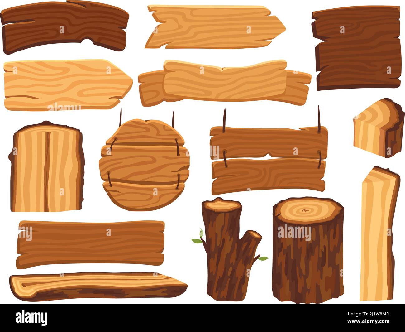 Isolierte Holzbretter. Holzplanken, niedliche Cartoon-Werbetafeln. Tafeln und Banner aus Naturmaterial. Baumstamm und Stamm aus dem Wald. Vektorset „Tree Neat“ Stock Vektor