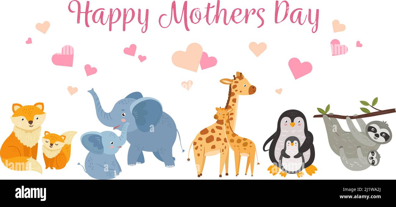Glückliche Tiermütter. Muttertagsbanner mit niedlichen Tieren Mütter und Babys. Cartoon Giraffe, Faultiere und Pinguine, wild kindliche neoterische Vektor Stock Vektor