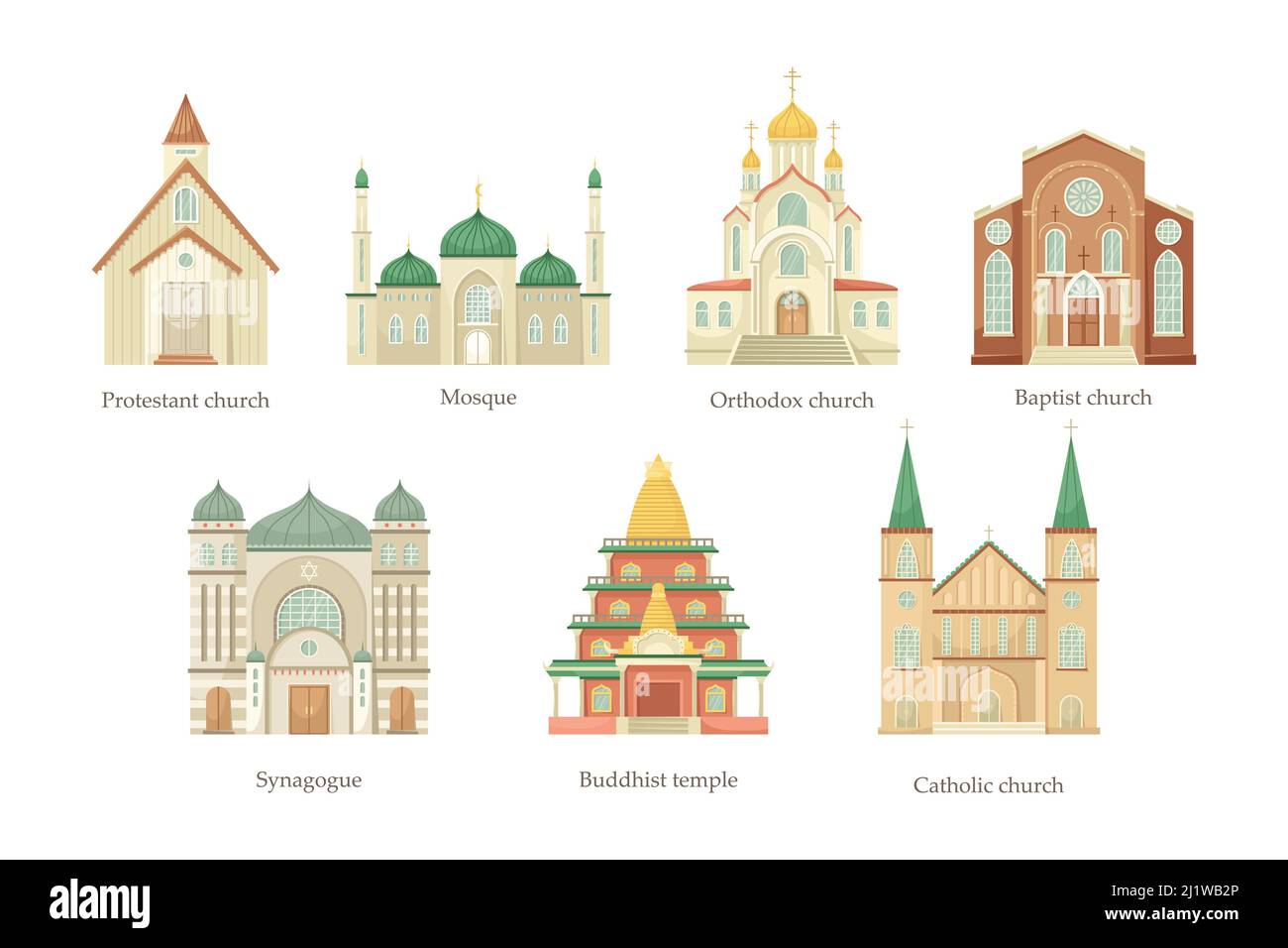 Vektor-Set von Illustrationen von Kirchen verschiedener religiöser Konfessionen. Religiöses Architekturgebäude. Stock Vektor