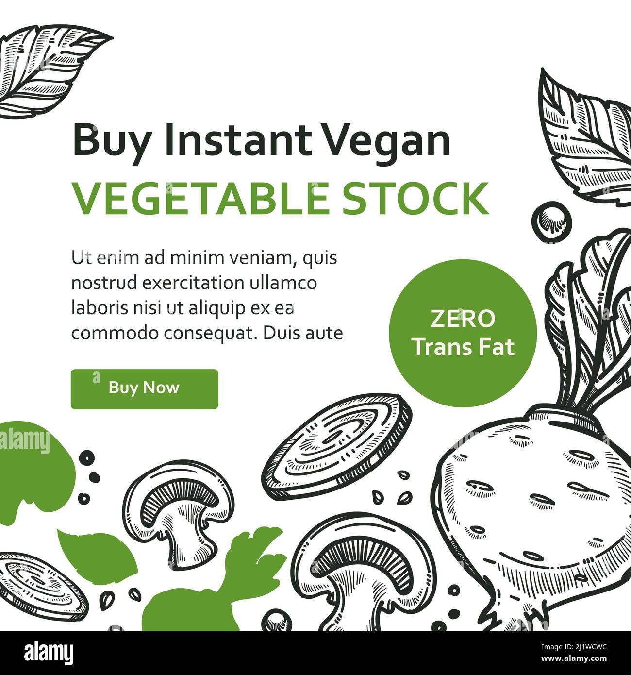Kaufen Sie sofort vegane Gemüsebrühe, Null trans Fett Stock Vektor
