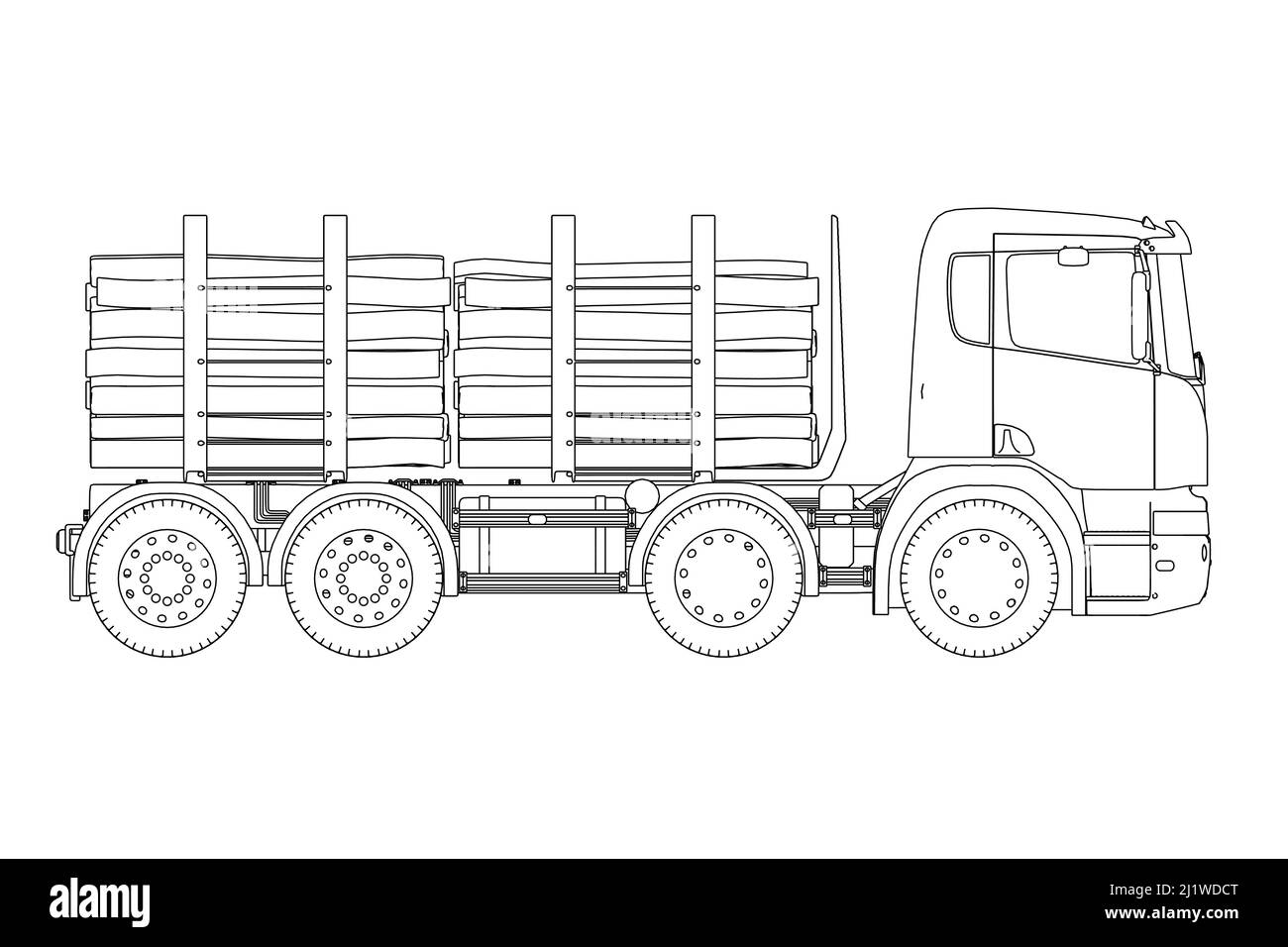 Detaillierte Umriss eines LKW mit Holz aus schwarzen Linien isoliert auf weißem Hintergrund. Seitenansicht. Vektorgrafik. Stock Vektor