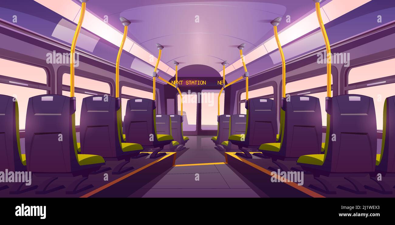 Leere Bus- oder Bahninnenräume mit Stühlen, Geländern und Fenstern. Vector Cartoon Kabine von Personenwagen Transport mit bequemen Sitzen und Digita Stock Vektor