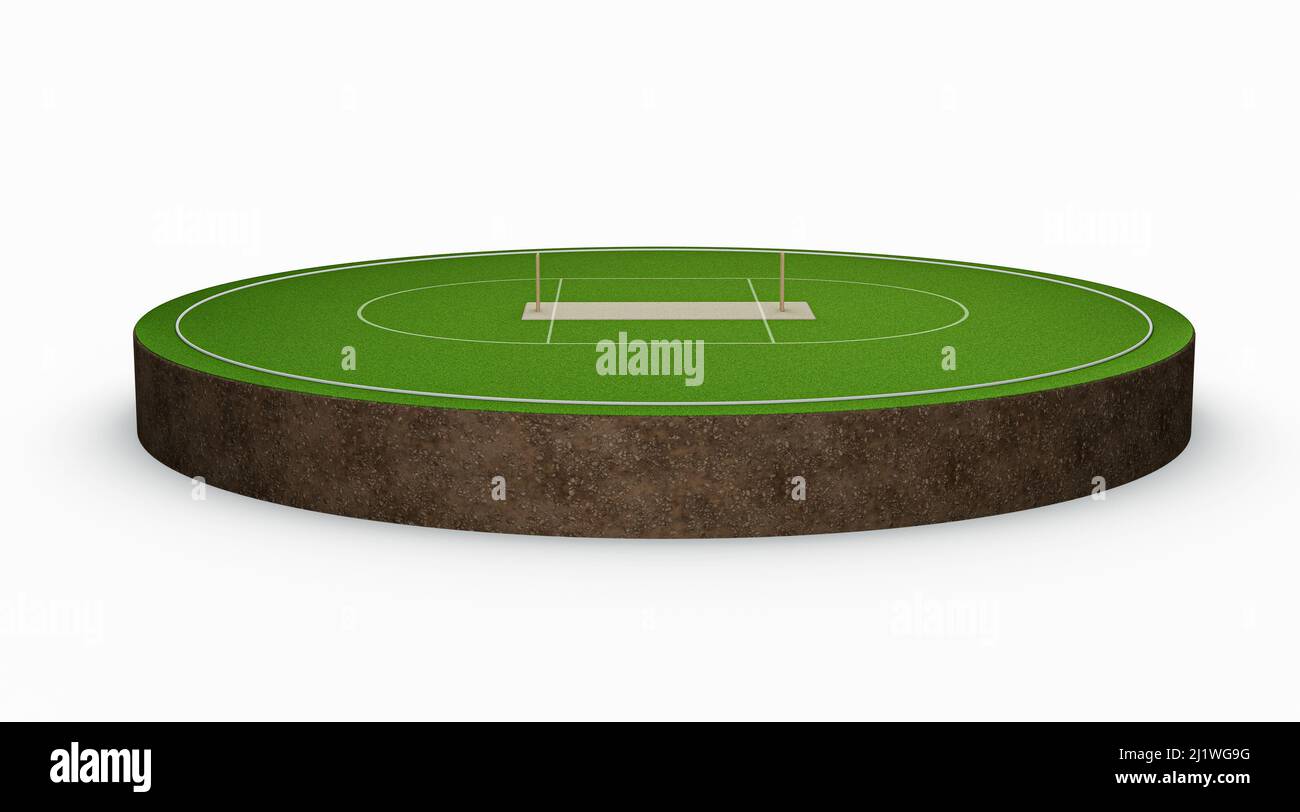 Eine illustration eines Cricket-Platzes aus dem jahr 3D mit einem Cricket-Feld in der Mitte des Spielfeldes Stockfoto
