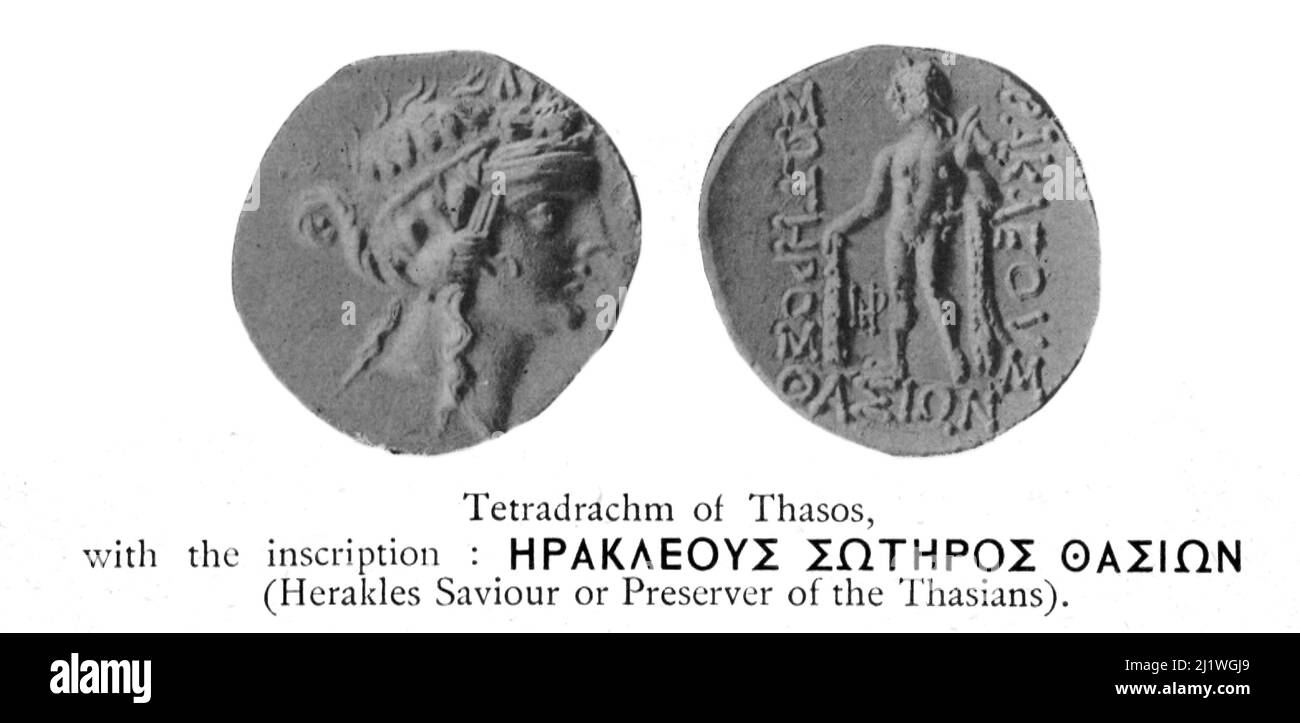 Tetradrachme von Thasos, mit der Inschrift: Herakles Retter oder Erlöser der Thasier aus dem Buch "Religious Character of Ancient Coins" von Jeremiah Zimmerman, das 1908 von Spink & Son Ltd. Veröffentlicht wurde Stockfoto