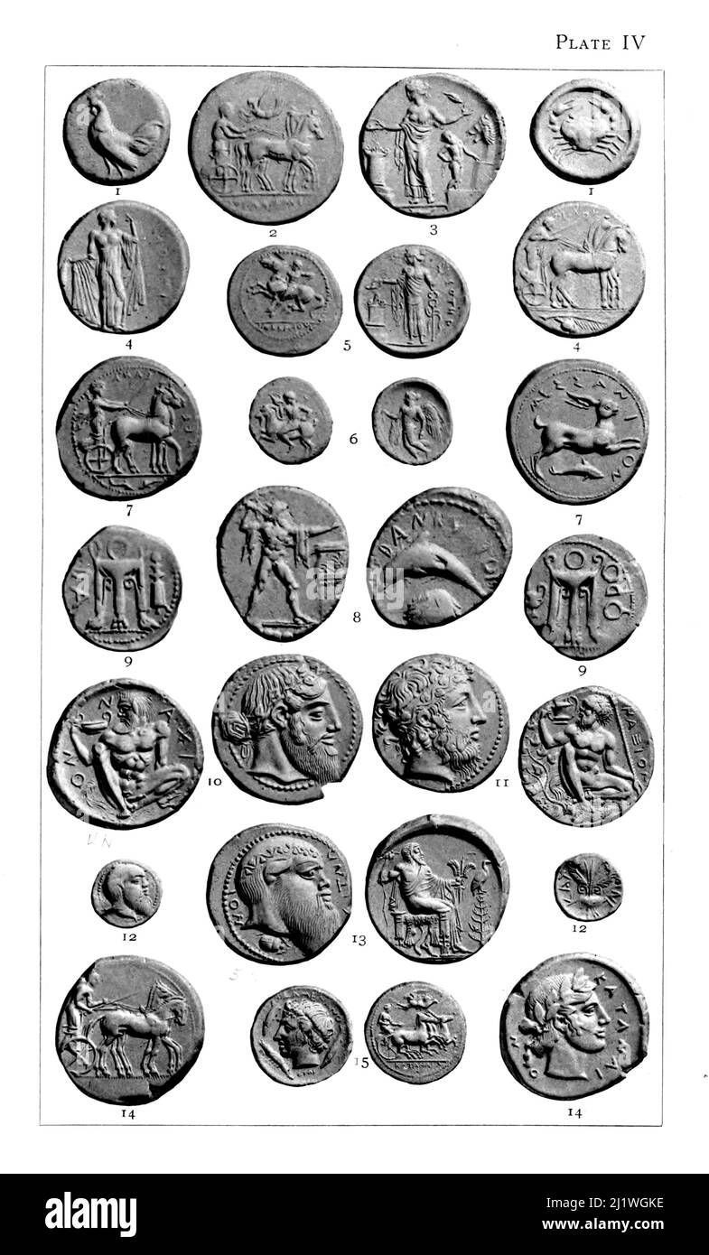 Platte IV verschiedene Münzen und Werte von der Insel Sizilien aus dem Katalog "Münzen des alten Sizilien" von Sir George Francis Hill, Published 1903 Westminster, A. Constable & co., ltd. Stockfoto