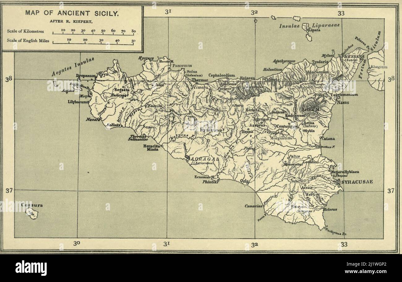 Karte der Insel Sizilien 1903 aus dem Katalog "Münzen des alten Sizilien" von Sir George Francis Hill, Published 1903 Westminster, A. Constable & co., ltd. Stockfoto