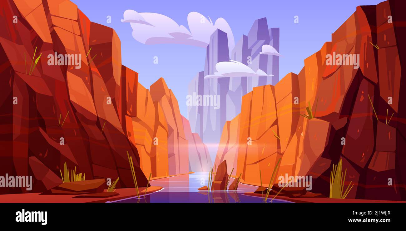 Grand Canyon mit Fluss am Boden, Nationalpark des Staates Arizona am Colorado Bach. Rote Sandsteinberge, Horizont mit Sandfelsen und Himmel, Natur Stock Vektor