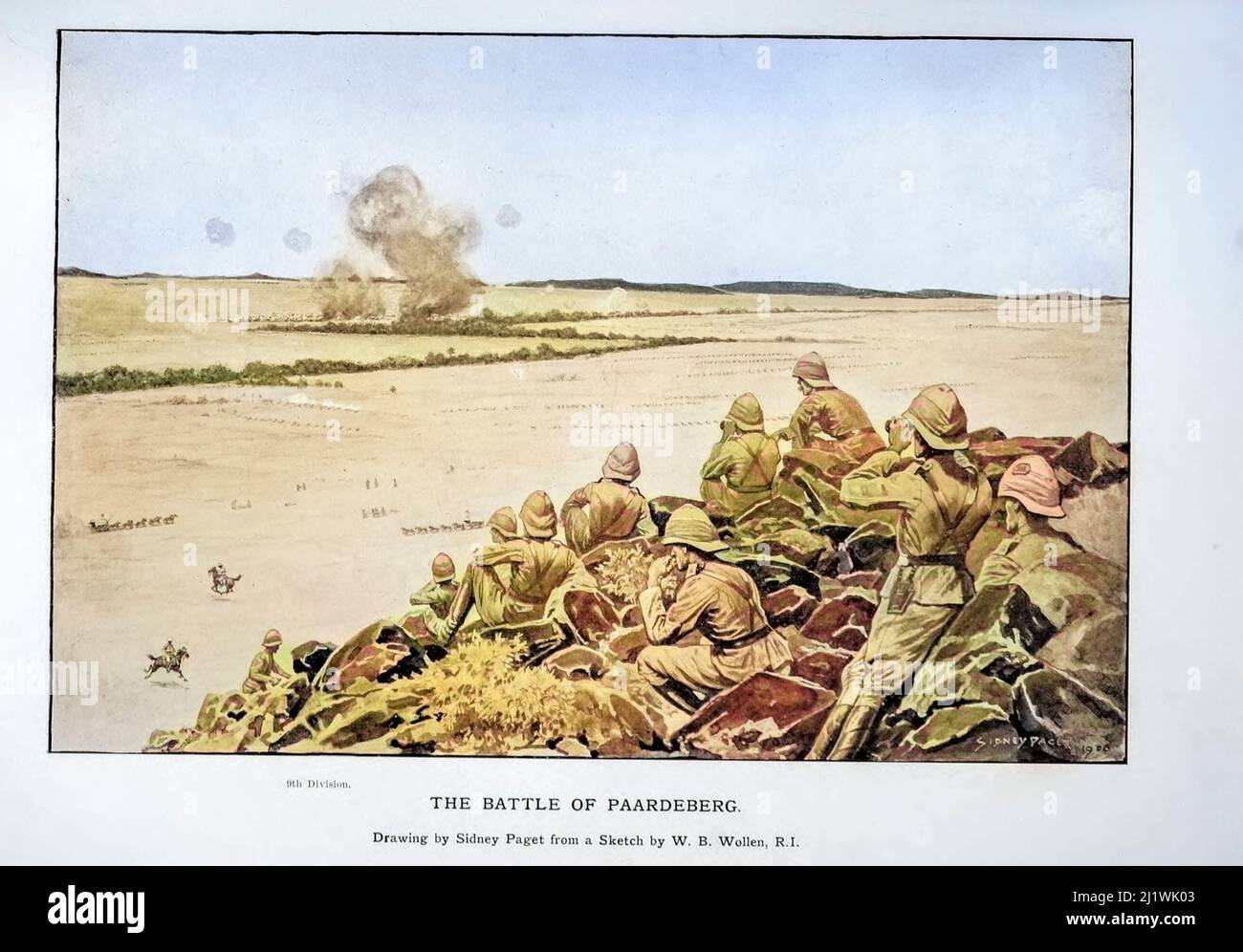 Maschinenfarbige Battle of Paardeberg-Zeichnung von Sidney Paget aus dem Buch „Südafrika und der Transvaal-Krieg“ von Louis Creswicke, Verlag; Edin Stockfoto