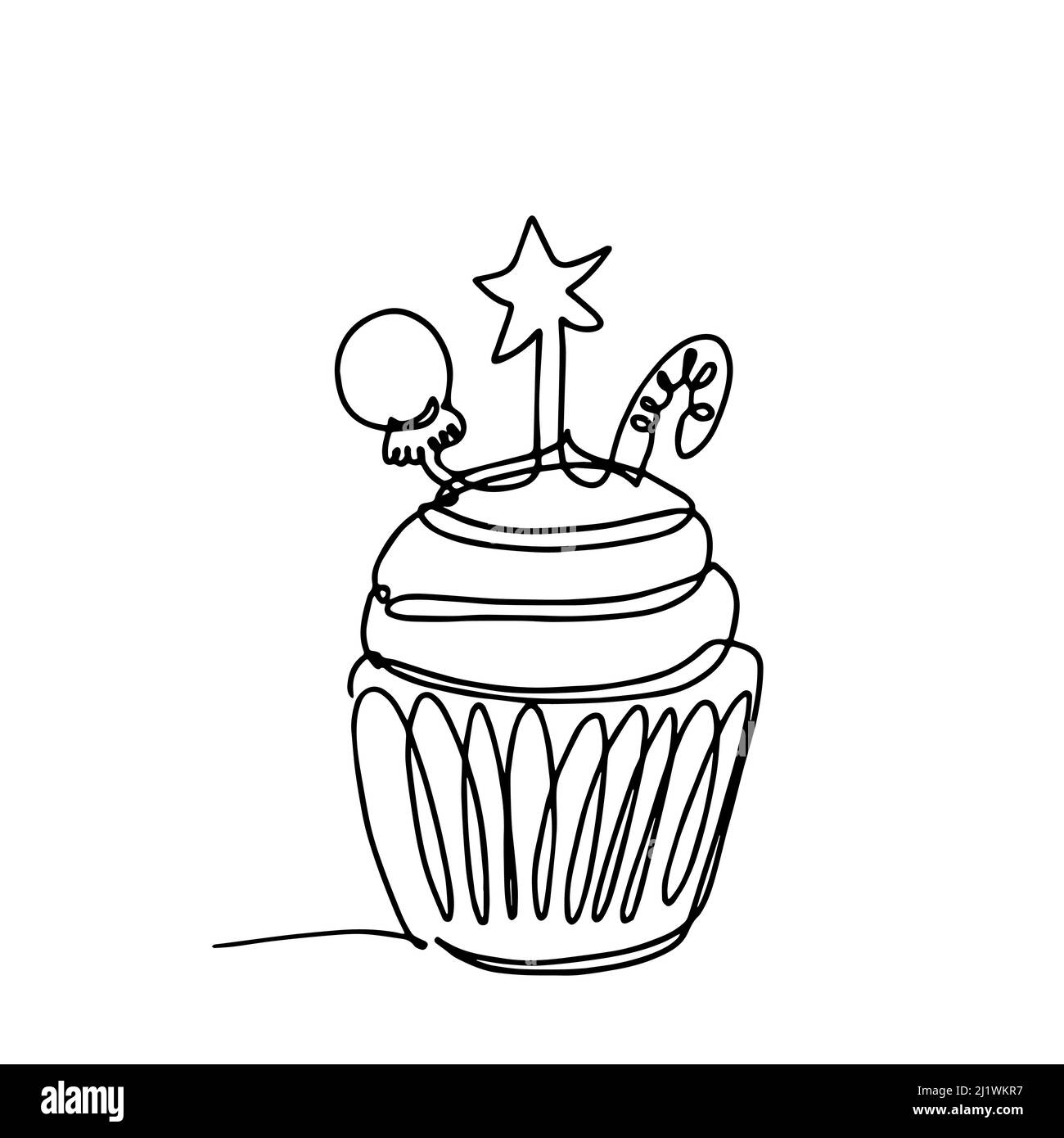 Cupcake in durchgehender One-Line-Ausführung. Niedliche Vorlage im einzeiligen Stil für Grußkarten. Konturlinie im Kunstdesign für den T-Shirt-Fashion-Print Stock Vektor