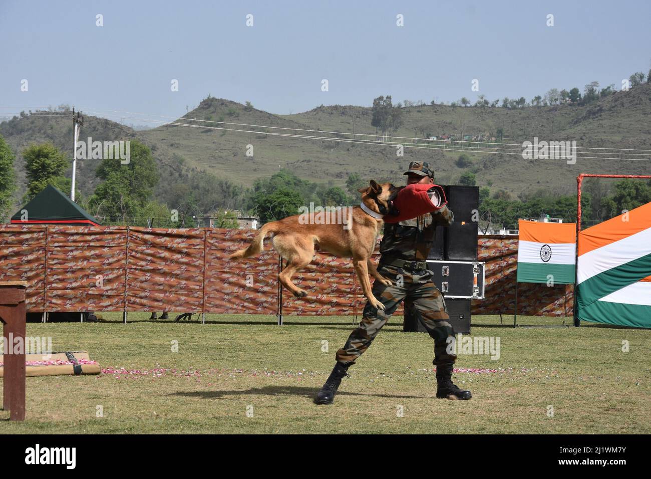 28. März 2022, Poonch, Jammu und Kashmir, Indien: Ein Armeemann zeigt Stunt mit einem Hund während des Mendhar-Fests 2022 im Op Hill Stadium Mendhar in Poonch, Jammu und Kashmir, (Bildquelle: © Nazim Ali Khan/ZUMA Press Wire) Stockfoto