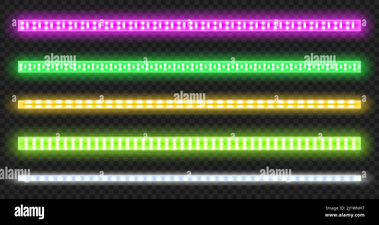 LED-Streifen mit Neon-Leuchteffekt isoliert auf transparentem Hintergrund. Vektor realistische Satz von farbigen Lichtstreifen, glühendes Band mit rosa, grün, yel Stock Vektor