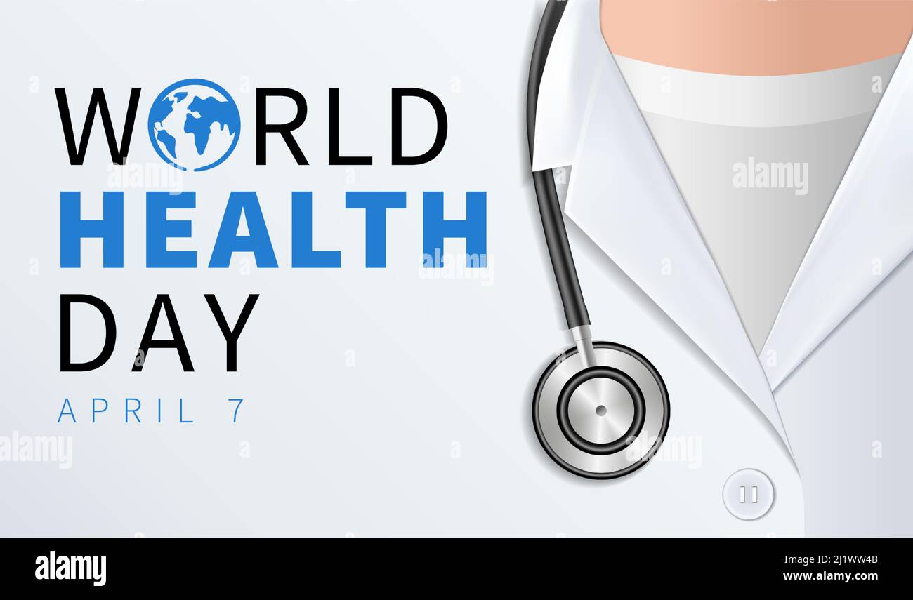 Weltgesundheitstag, Arzt mit Stethoskop. Der Welttag des Gesundheitsbewusstseins wird jedes Jahr am 7.. April gefeiert. Vektorgrafik Stock Vektor