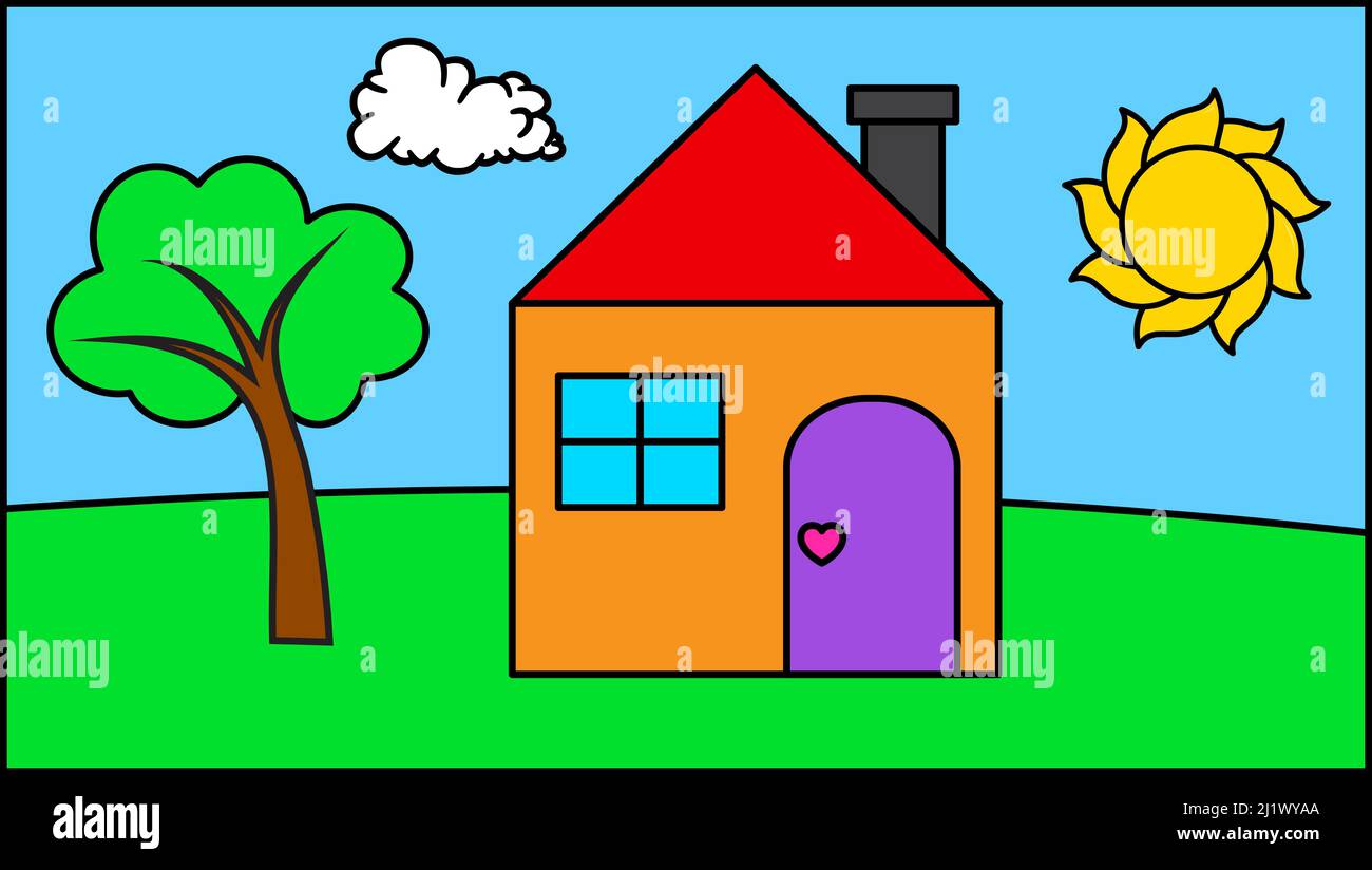 Kinderzeichnung mit Haussonne und Baum. Vektor-Illustration im Kinderstil. Cartoon-Design Stock Vektor Kinderzeichnung mit Haussonne und Baum. Vektor-Illustration im Kinderstil. Cartoon-Design Stock Vektor