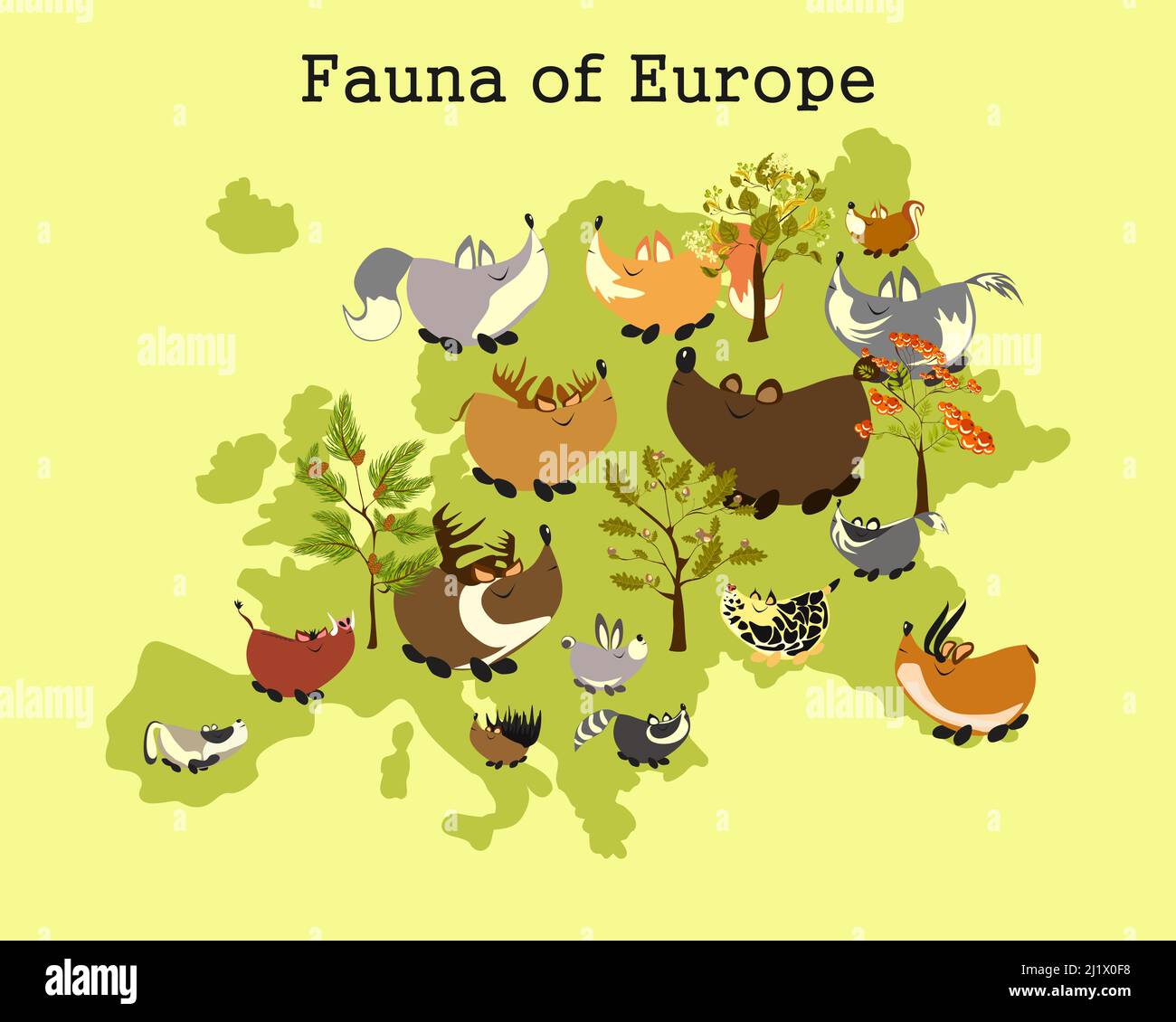 Fauna Europas. Tierkarte von Europa. Kinderbildungsplakat mit Tieren aus Europa. Stock Vektor