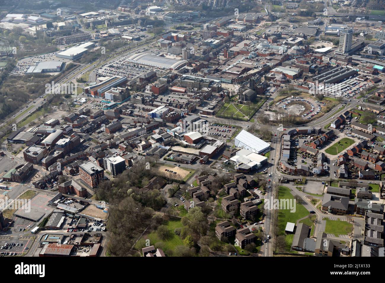 Luftaufnahme von Oldham Stadtzentrum, Greater Manchester Stockfoto