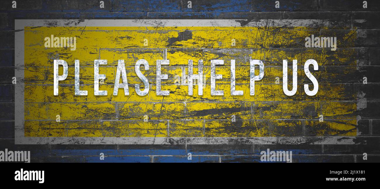 Die Farben der ukrainischen Flagge und des Titels sind auf einer kriegsbeschädigten Wand - Webbanner - gemalt Stockfoto