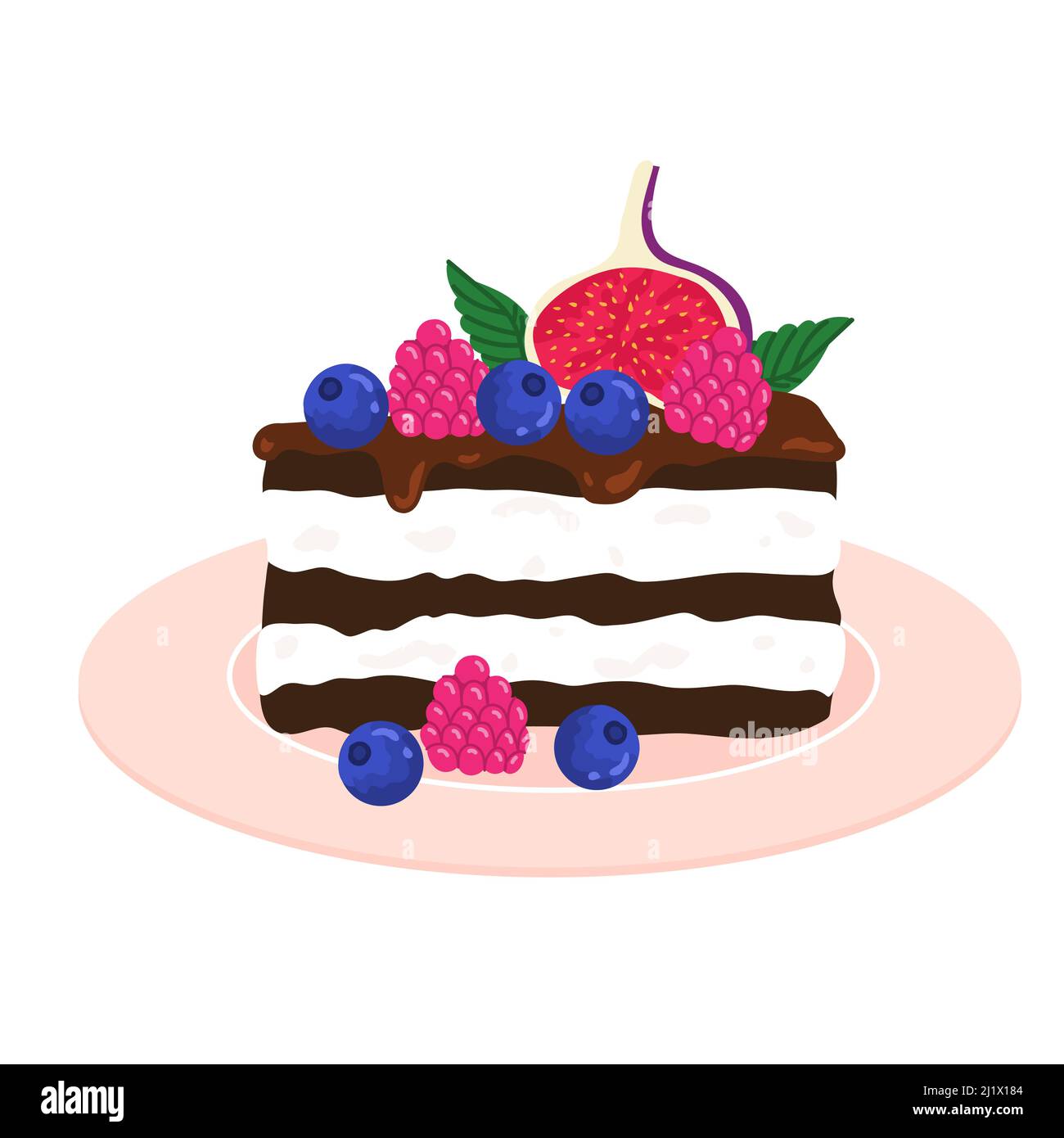 Stück Schokoladenkuchen mit Beeren, Früchten und Schlagsahne. 2-in-1-Torte-Illustration im Cartoon-Stil. Scheibe Schokoladenkuchen auf einer Untertasse Stock Vektor