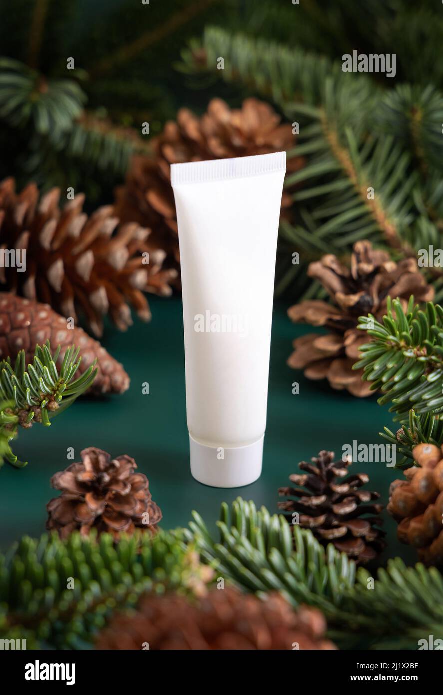 Natürliche Bio-Kosmetikcreme in weißem Kunststoffrohr in der Nähe von Tannenzweigen und Tannenzapfen auf dunkelgrünen Nahaufnahme. Markenverpackung Modell für Hautpflege Prod Stockfoto