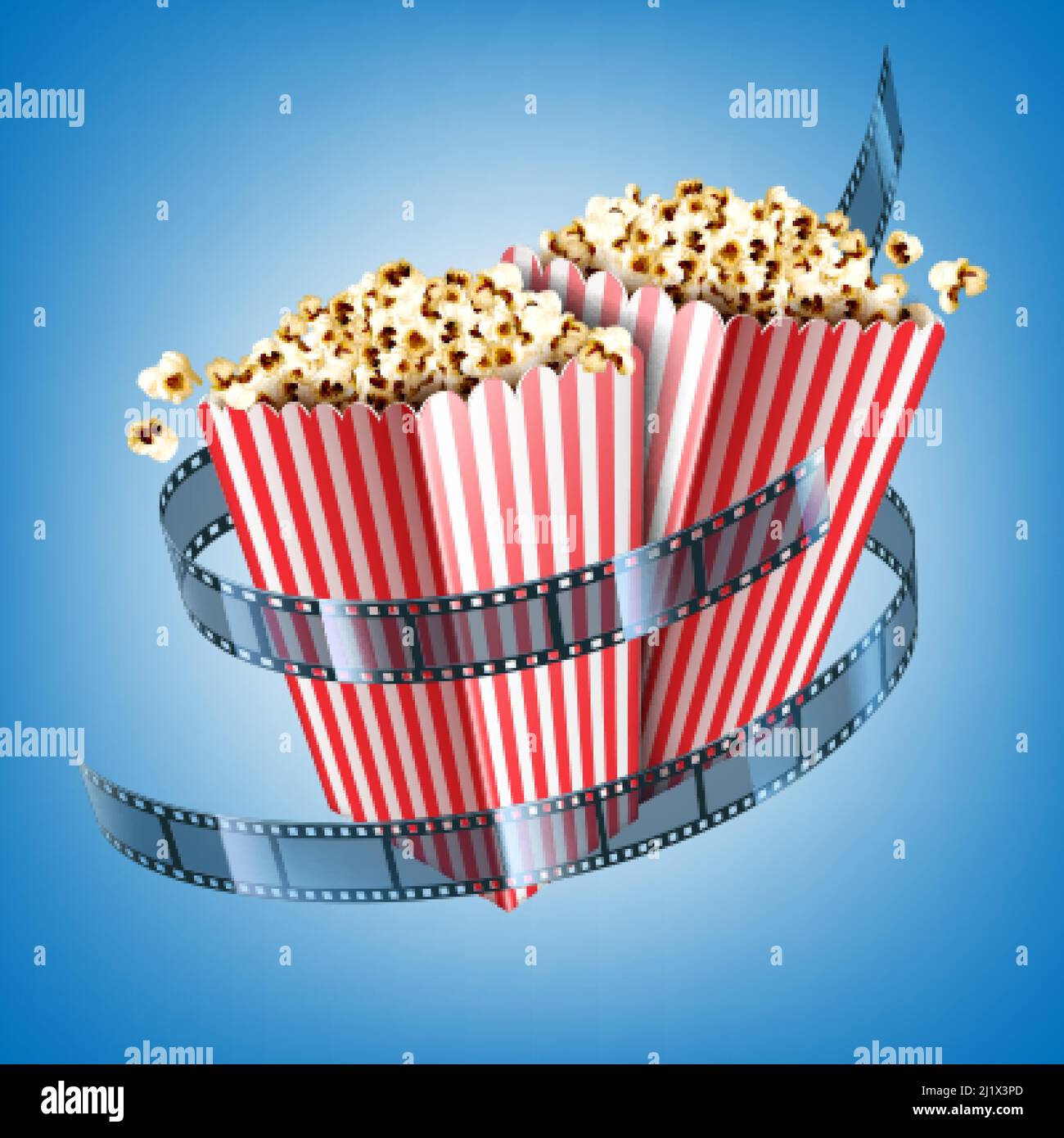 Kino-Flyer mit Filmstreifen und Popcorn in gestreiften Papierschachteln. Vektor realistische Illustration von weißen und roten Eimern mit Popcorn und Zimt Stock Vektor