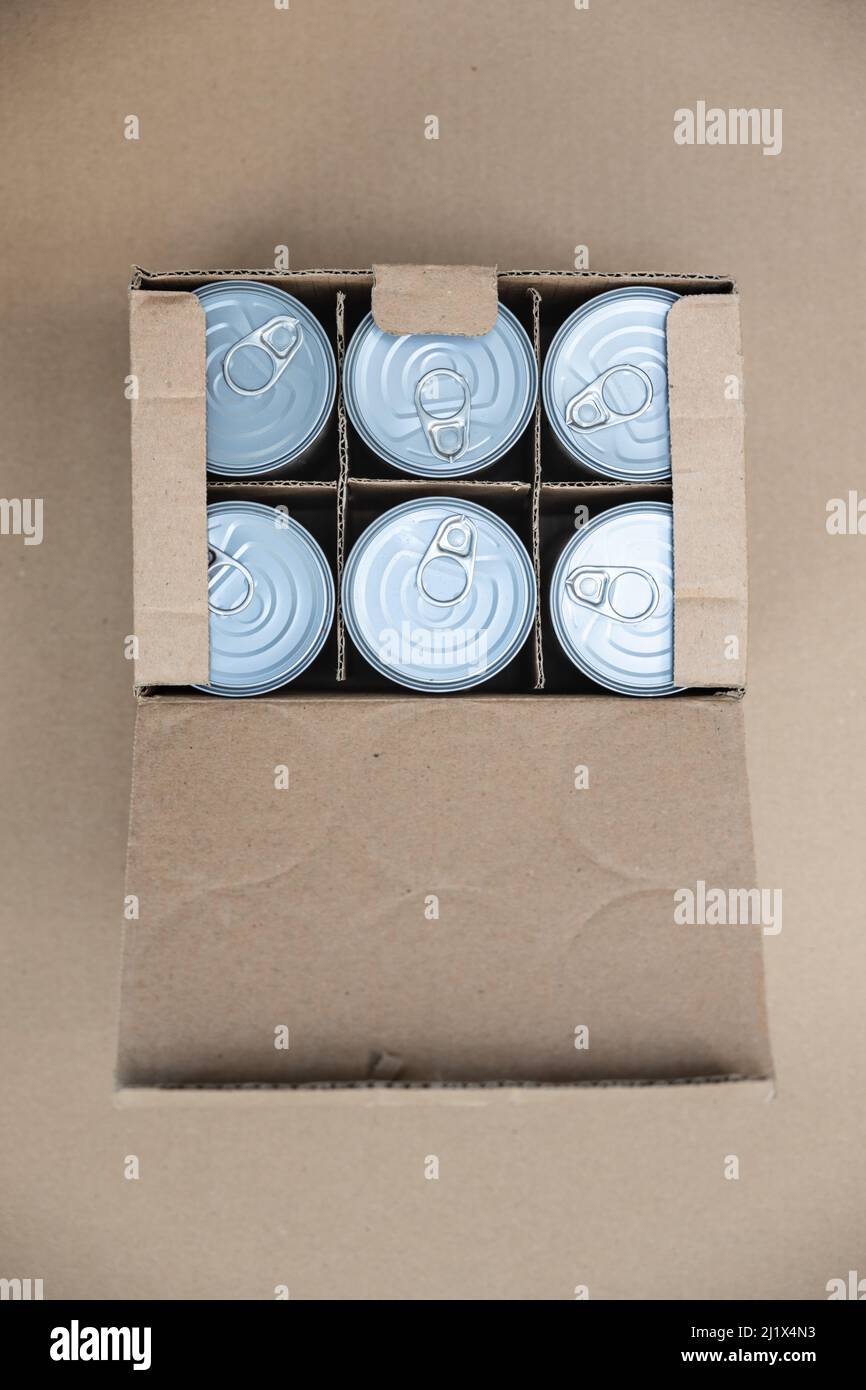 Lebensmitteldosen in einem Karton. Konzeptbild für Störungen der Lieferkette, Nahrungsmittelknappheit, Lagerbestände in Kriegszeiten. Stockfoto