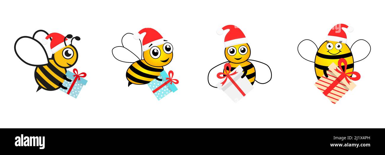 Bienen Figuren halten Überraschungen Sammlung. Hummel-Set. Niedliche Biene tragen Weihnachtsmütze und Geschenkbox. Stock Vektor