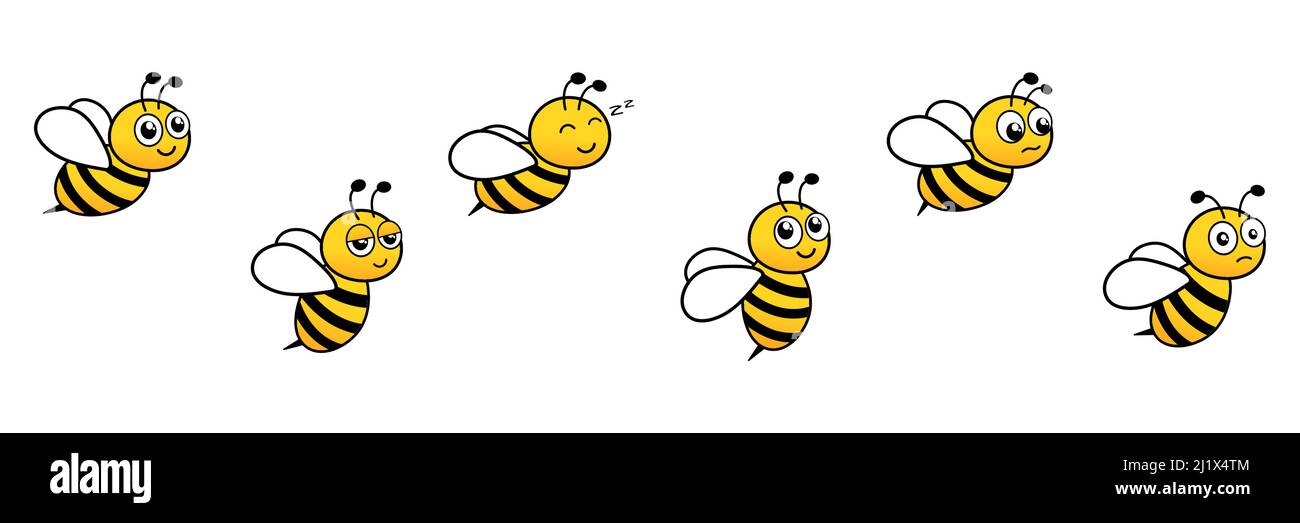 Niedliche Biene mit Gesichtsemotionen. Hummeln Zeichensatz. Gruppe Cartoon glückliche Bienen. Stock Vektor