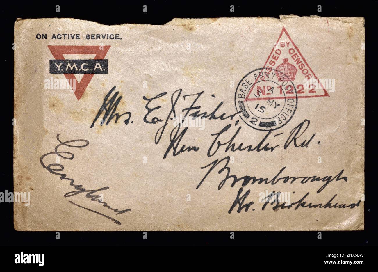 Brief, der während des Ersten Weltkriegs mit einem Stempel veröffentlicht wurde, um zu zeigen, dass er von Zensoren übergeben wurde. Stockfoto