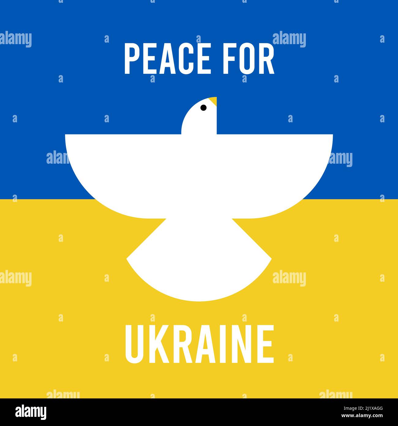 Frieden für die Ukraine. Weiße Taube fliegt auf blauem und gelbem Hintergrund. Friedenssymbol. Vektorgrafik, flaches Design Stock Vektor