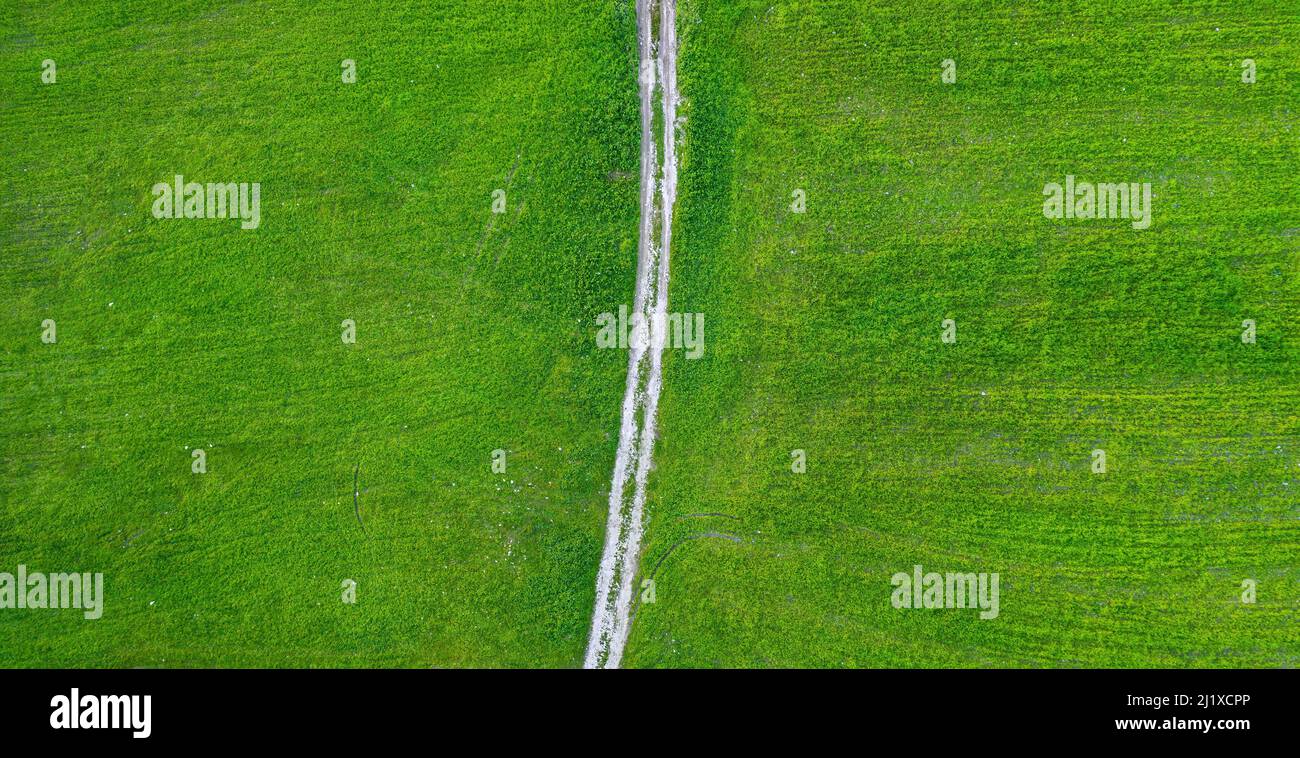 Unbefestigte Straße mit Reifenspuren über grünes Feld, Blick von direkt oben Stockfoto