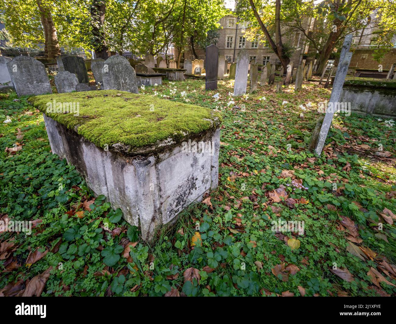 Moosbedeckte Grabstätte in Bunhill Fields Grabstätte und Garten. City Road. London. Stockfoto
