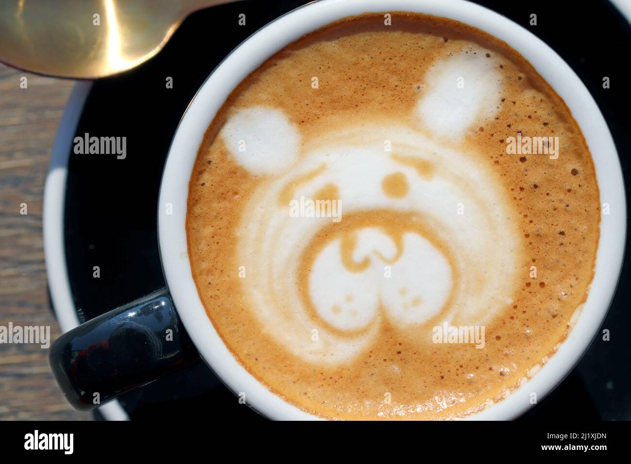 Latte Art, Zeichnung des Gesichts des Bären, Kaffeekunst von Barista auf Holzhintergrundtisch, Blick von oben oder von oben. Nahaufnahme. Stockfoto